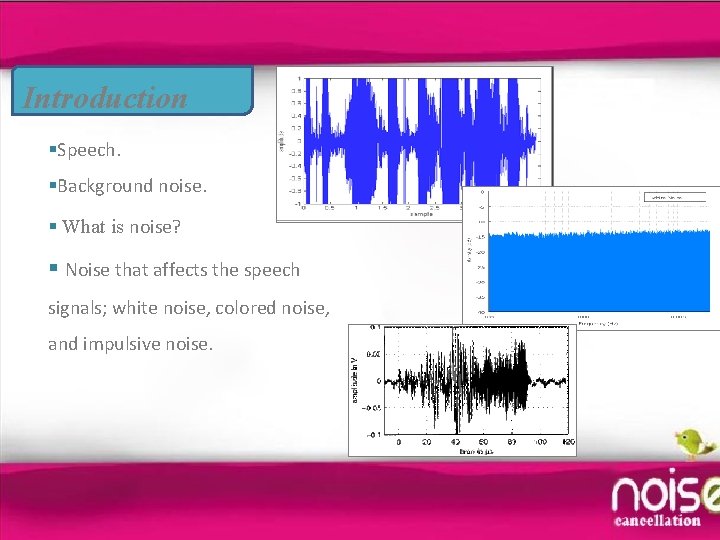 Introduction §Speech. §Background noise. § What is noise? § Noise that affects the speech