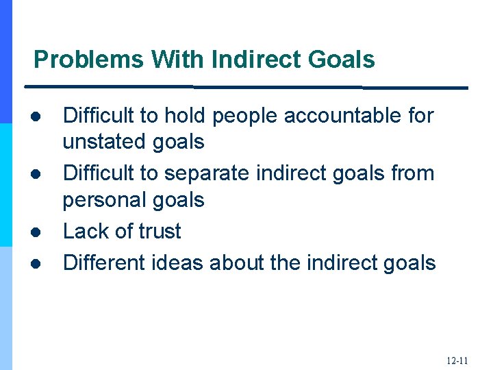 Problems With Indirect Goals l l Difficult to hold people accountable for unstated goals