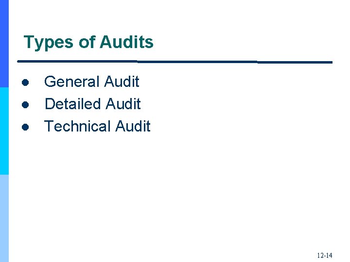 Types of Audits l l l General Audit Detailed Audit Technical Audit 12 -14