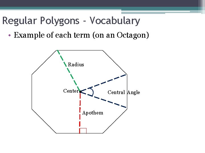 Regular Polygons - Vocabulary • Example of each term (on an Octagon) Radius Center Regular Polygons - Vocabulary • Example of each term (on an Octagon) Radius Center