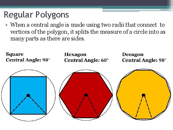 Regular Polygons • When a central angle is made using two radii that connect Regular Polygons • When a central angle is made using two radii that connect