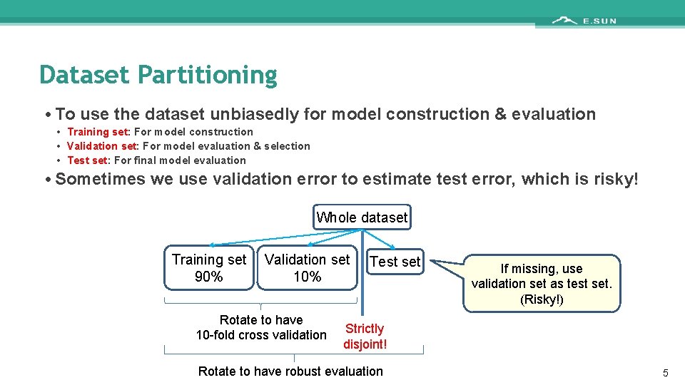 Dataset Partitioning • To use the dataset unbiasedly for model construction & evaluation •