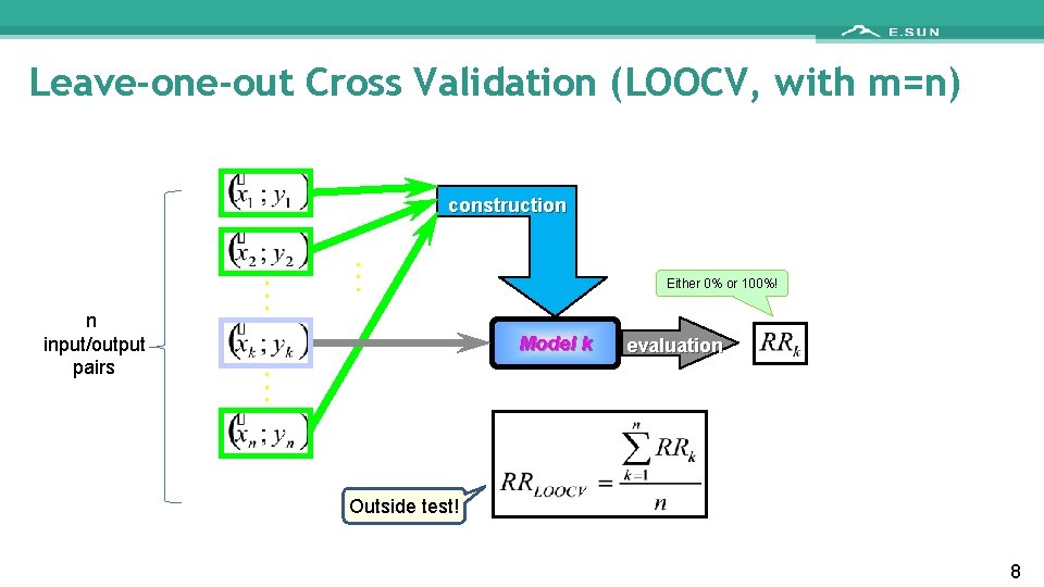 Leave-one-out Cross Validation (LOOCV, with m=n) construction n input/output pairs . . . Either