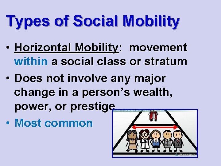 Types of Social Mobility • Horizontal Mobility: movement within a social class or stratum