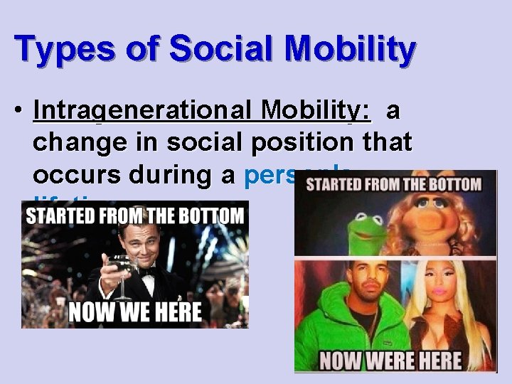 Types of Social Mobility • Intragenerational Mobility: a change in social position that occurs