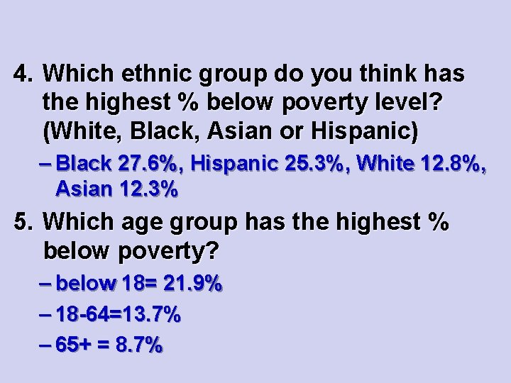 4. Which ethnic group do you think has the highest % below poverty level?