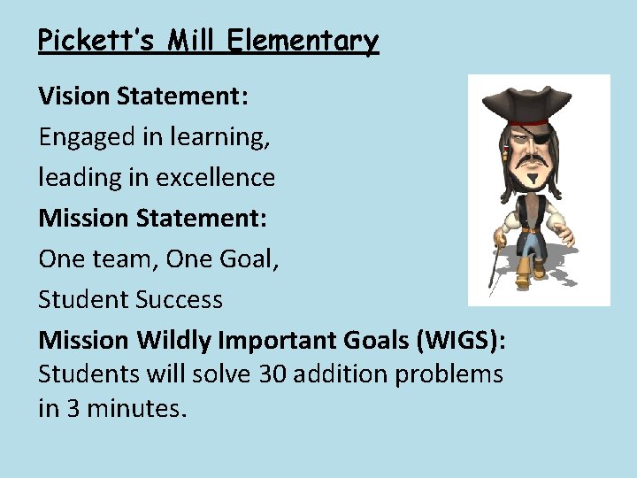 Pickett’s Mill Elementary Vision Statement: Engaged in learning, leading in excellence Mission Statement: One