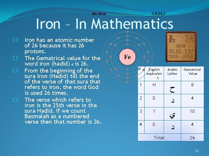 Iron – In Mathematics � � Iron has an atomic number of 26 because
