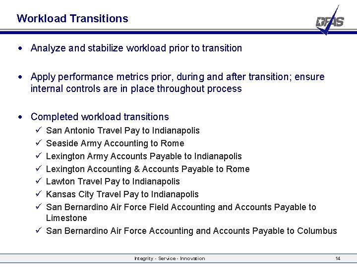 Workload Transitions • Analyze and stabilize workload prior to transition • Apply performance metrics