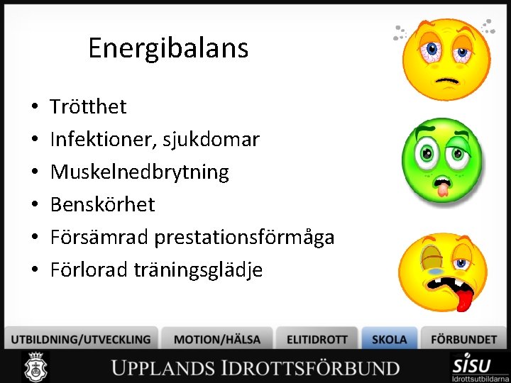 Energibalans • • • Trötthet Infektioner, sjukdomar Muskelnedbrytning Benskörhet Försämrad prestationsförmåga Förlorad träningsglädje 