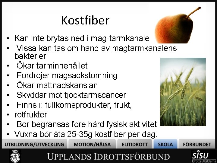 Kostfiber • Kan inte brytas ned i mag-tarmkanalen • Vissa kan tas om hand