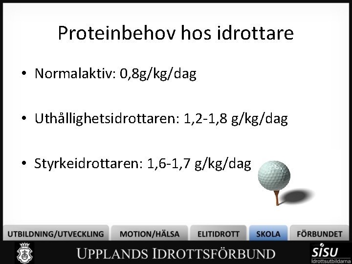 Proteinbehov hos idrottare • Normalaktiv: 0, 8 g/kg/dag • Uthållighetsidrottaren: 1, 2 -1, 8