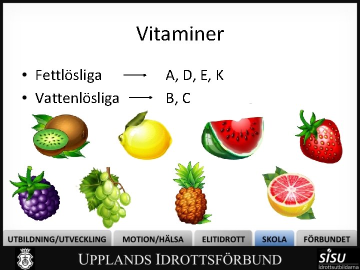 Vitaminer • Fettlösliga • Vattenlösliga A, D, E, K B, C 