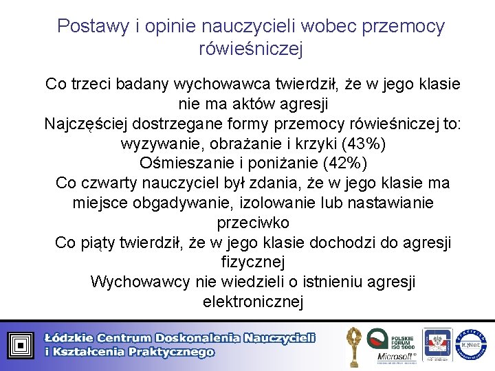 Postawy i opinie nauczycieli wobec przemocy rówieśniczej Co trzeci badany wychowawca twierdził, że w