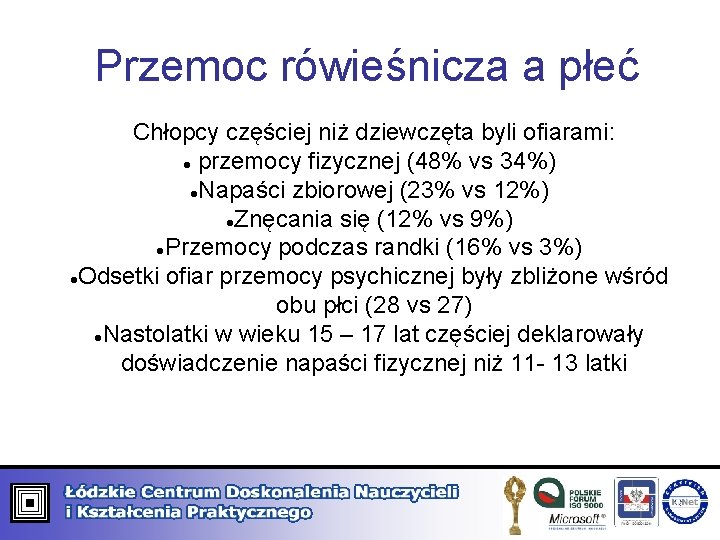 Przemoc rówieśnicza a płeć Chłopcy częściej niż dziewczęta byli ofiarami: przemocy fizycznej (48% vs