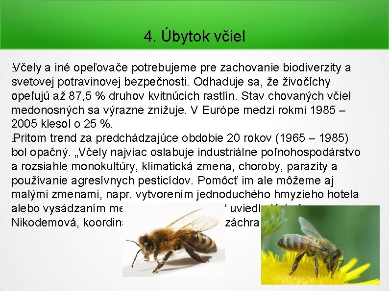 4. Úbytok včiel Včely a iné opeľovače potrebujeme pre zachovanie biodiverzity a svetovej potravinovej