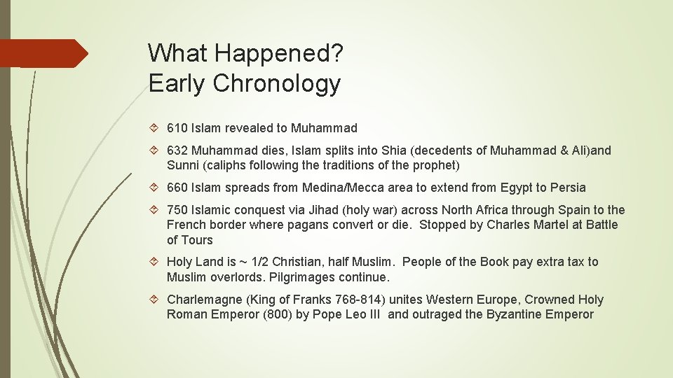 What Happened? Early Chronology 610 Islam revealed to Muhammad 632 Muhammad dies, Islam splits What Happened? Early Chronology 610 Islam revealed to Muhammad 632 Muhammad dies, Islam splits