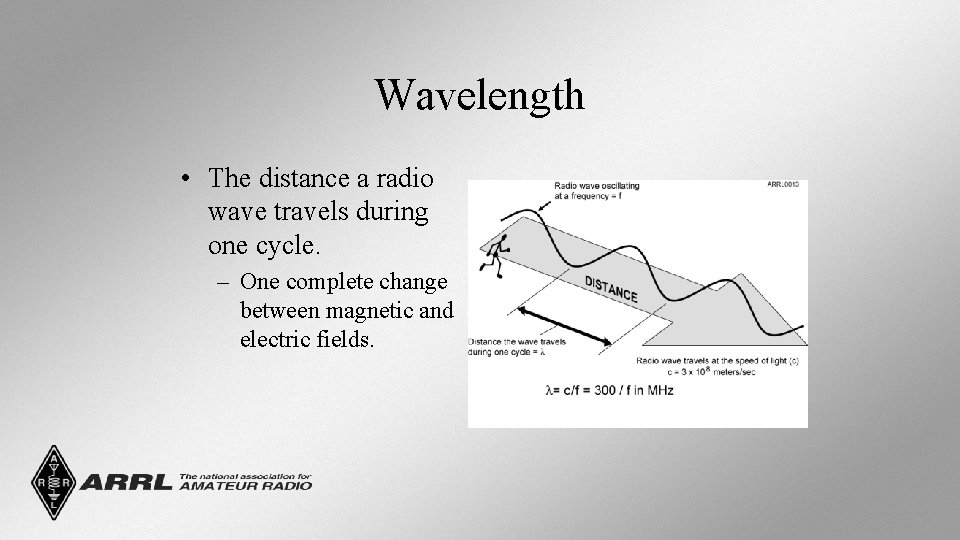 Wavelength • The distance a radio wave travels during one cycle. – One complete