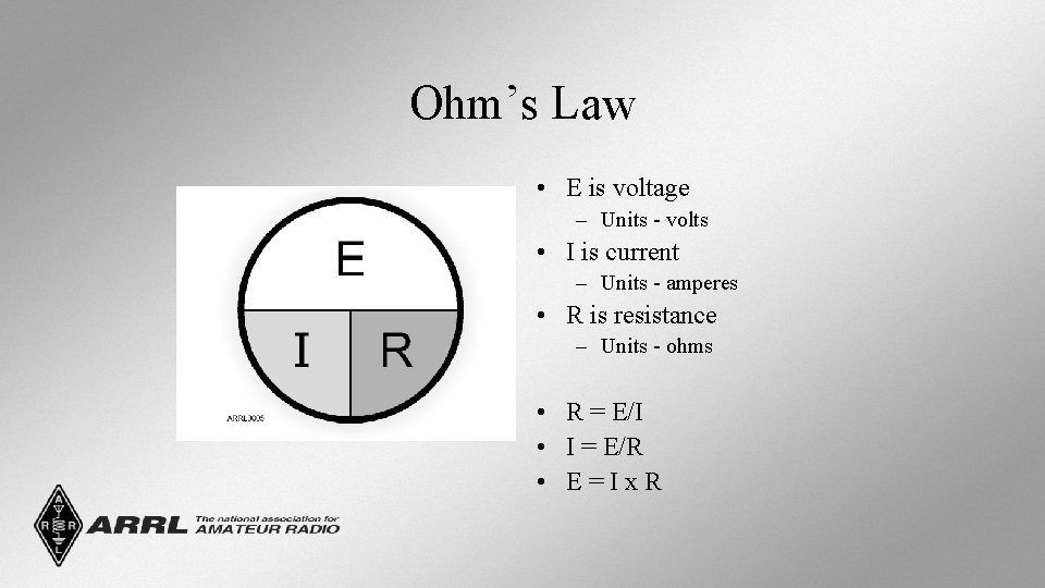 Ohm’s Law • E is voltage – Units - volts • I is current