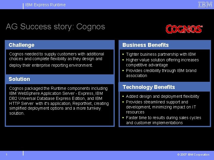 IBM Express Runtime AG Success story: Cognos Challenge Business Benefits Cognos needed to supply