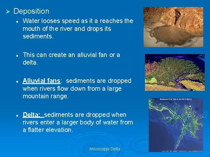Ø Deposition l l Water looses speed as it a reaches the mouth of