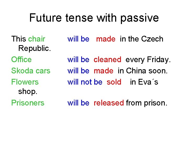 Future tense with passive This chair Republic. Office Skoda cars Flowers shop. Prisoners will