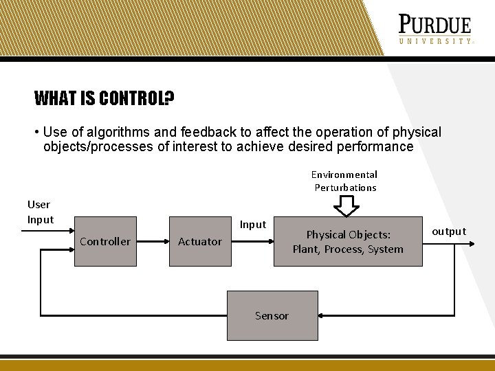 WHAT IS CONTROL? • Use of algorithms and feedback to affect the operation of WHAT IS CONTROL? • Use of algorithms and feedback to affect the operation of