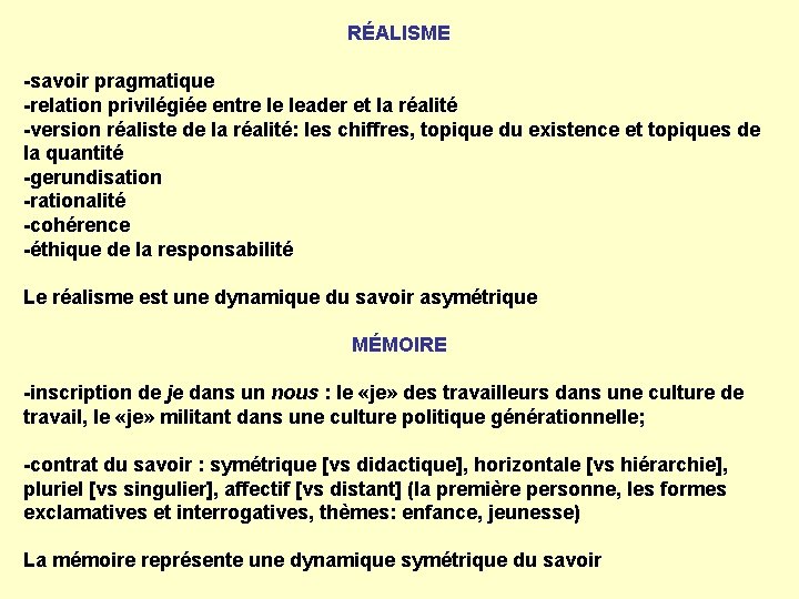 RÉALISME -savoir pragmatique -relation privilégiée entre le leader et la réalité -version réaliste de