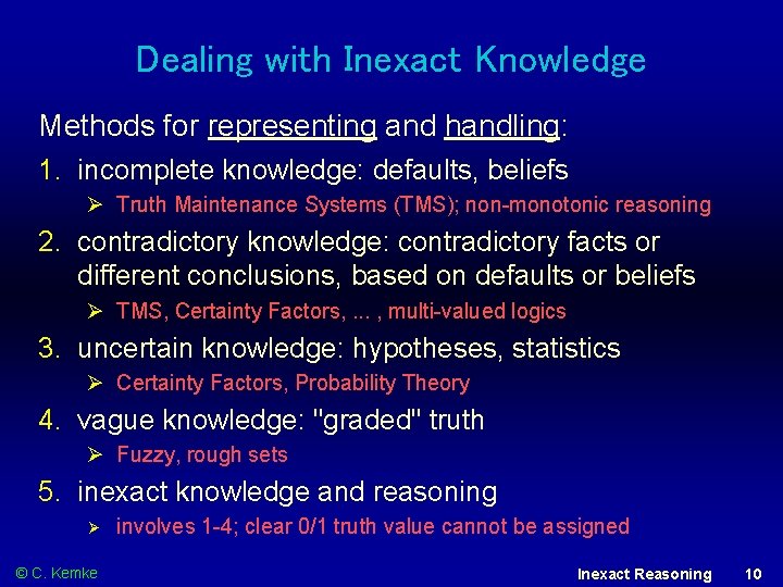 Dealing with Inexact Knowledge Methods for representing and handling: 1. incomplete knowledge: defaults, beliefs