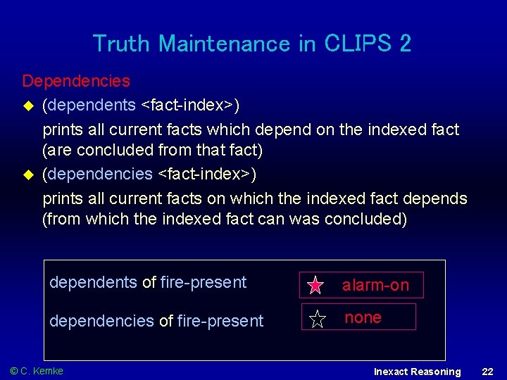 Truth Maintenance in CLIPS 2 Dependencies (dependents <fact-index>) prints all current facts which depend