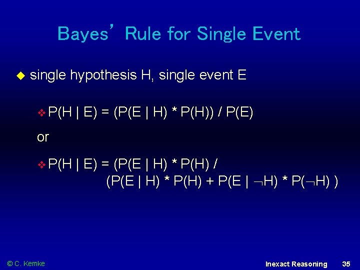 Bayes’ Rule for Single Event single hypothesis H, single event E P(H | E)