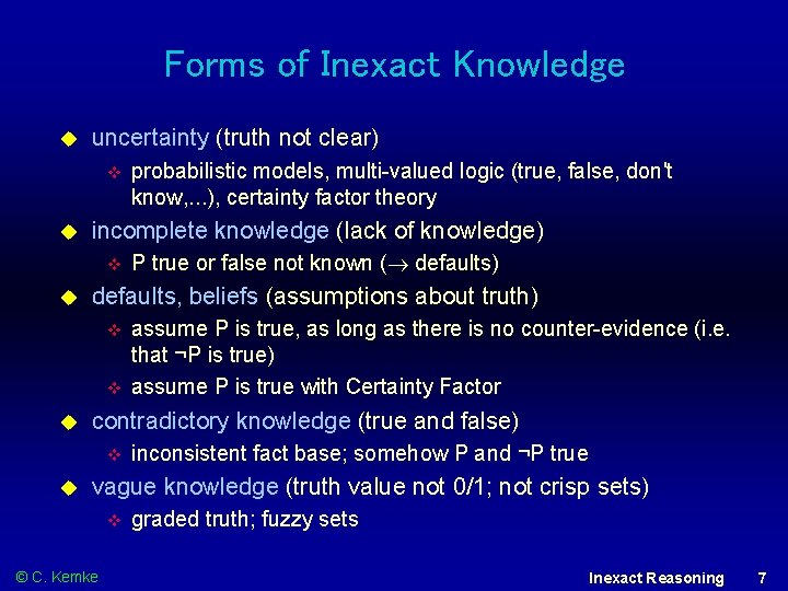 Forms of Inexact Knowledge uncertainty (truth not clear) incomplete knowledge (lack of knowledge) assume
