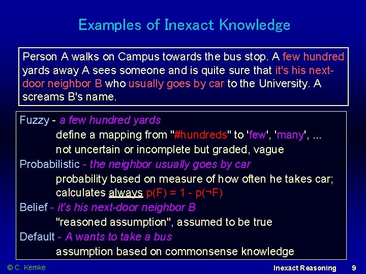 Examples of Inexact Knowledge Person A walks on Campus towards the bus stop. A