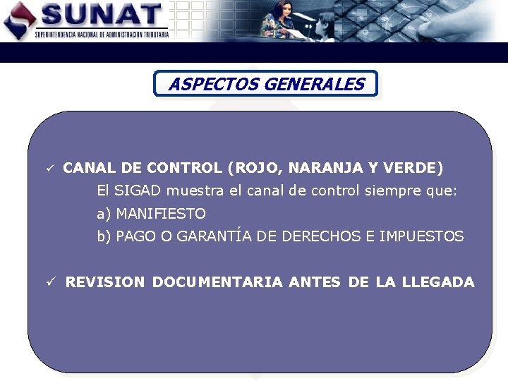 ASPECTOS GENERALES ü CANAL DE CONTROL (ROJO, NARANJA Y VERDE) El SIGAD muestra el