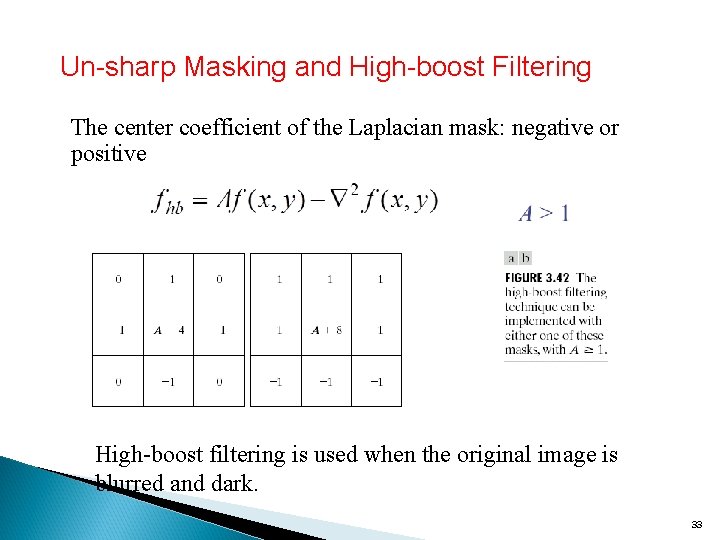 Un-sharp Masking and High-boost Filtering The center coefficient of the Laplacian mask: negative or