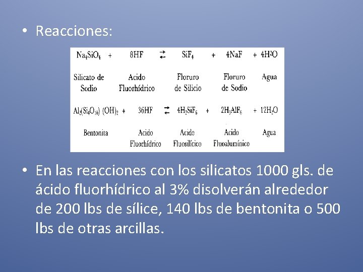  • Reacciones: • En las reacciones con los silicatos 1000 gls. de ácido
