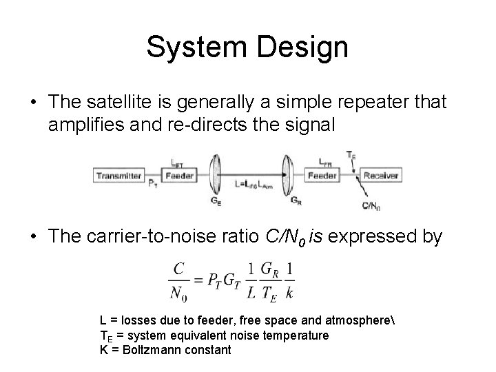 System Design • The satellite is generally a simple repeater that amplifies and re-directs