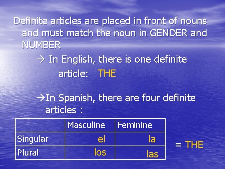 Definite articles are placed in front of nouns and must match the noun in