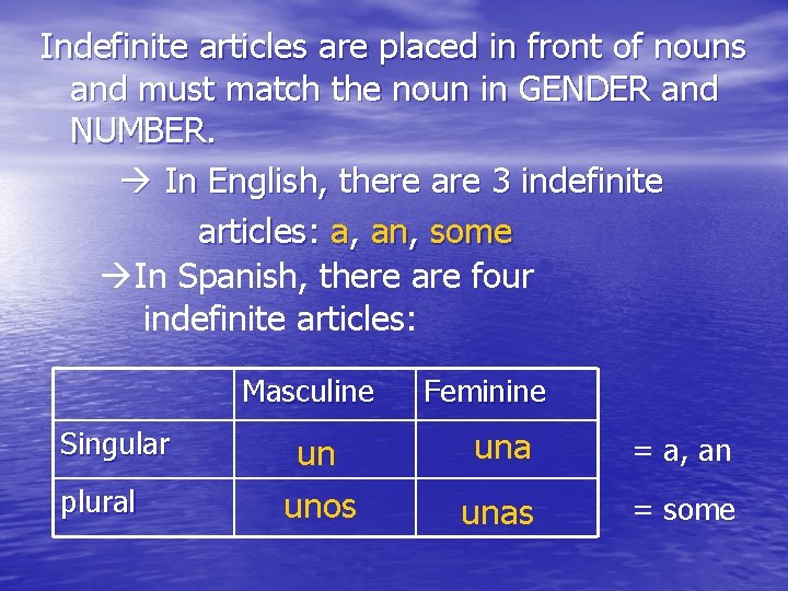 Indefinite articles are placed in front of nouns and must match the noun in