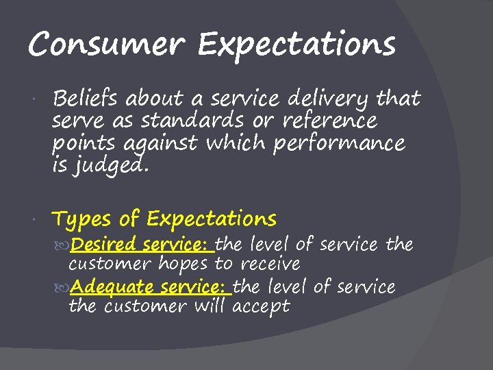 Consumer Expectations Beliefs about a service delivery that serve as standards or reference points