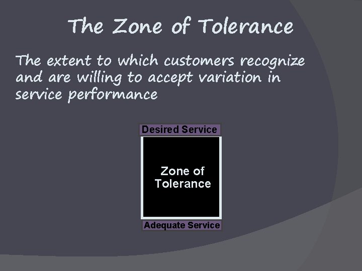 The Zone of Tolerance The extent to which customers recognize and are willing to