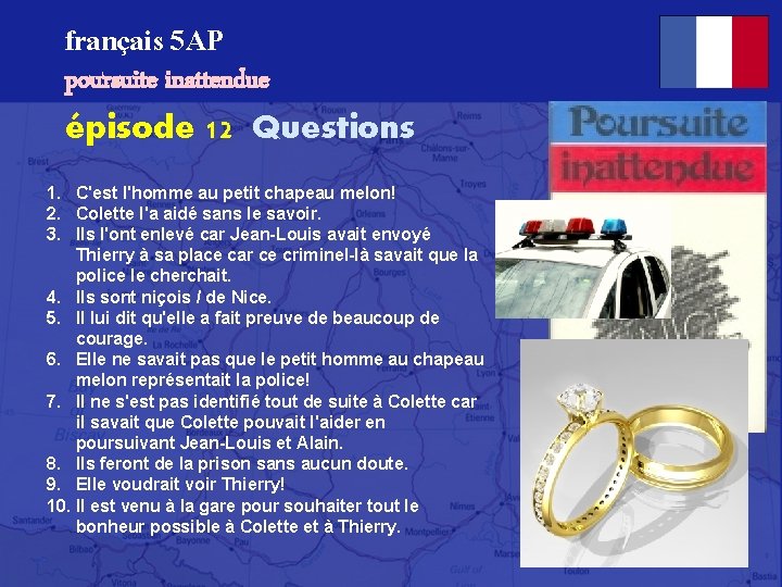 français 5 AP poursuite inattendue épisode 12 Questions 1. C'est l'homme au petit chapeau