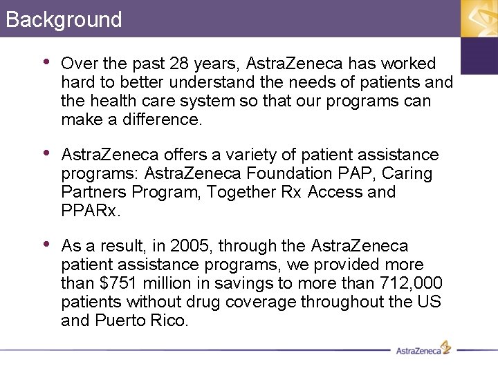 Background • Over the past 28 years, Astra. Zeneca has worked hard to better