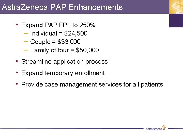 Astra. Zeneca PAP Enhancements • Expand PAP FPL to 250% – Individual = $24,