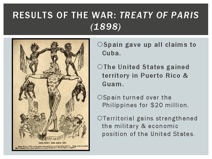 RESULTS OF THE WAR: TREATY OF PARIS (1898) Spain gave up all claims to