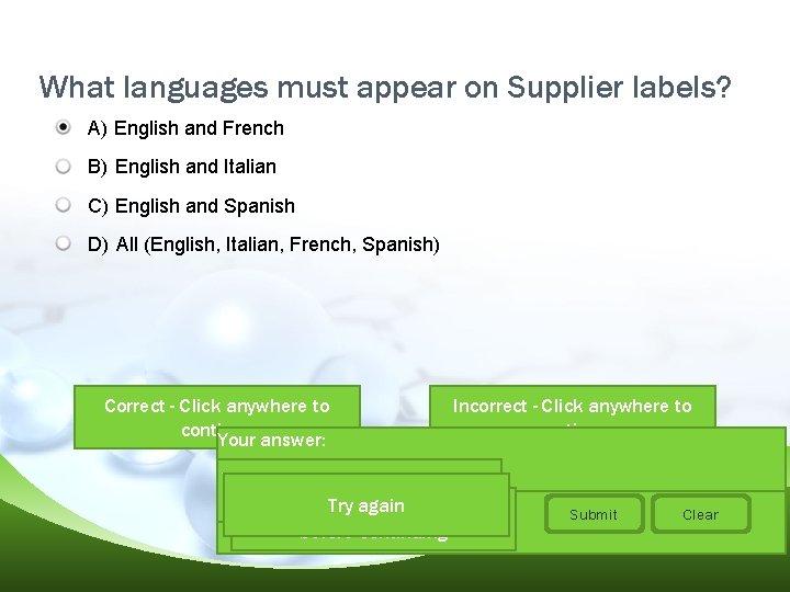 What languages must appear on Supplier labels? A) English and French B) English and