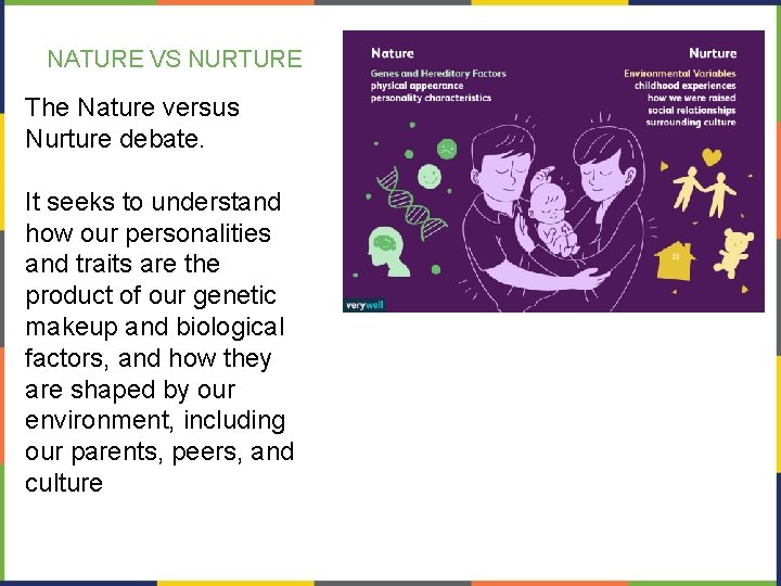 NATURE VS NURTURE The Nature versus Nurture debate. It seeks to understand how our