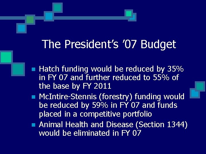 The President’s ’ 07 Budget n n n Hatch funding would be reduced by