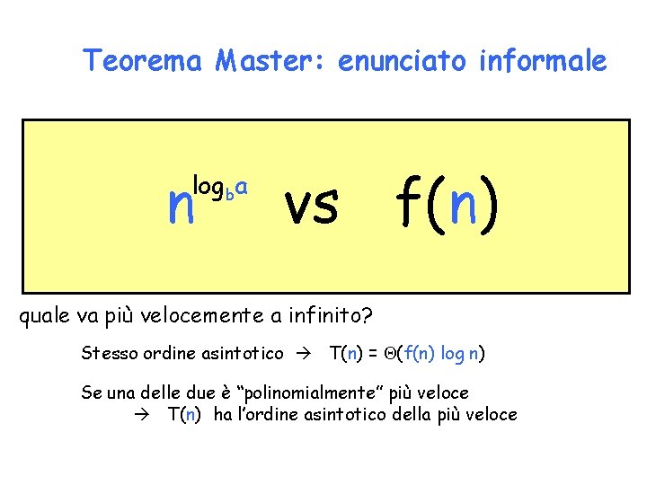 Teorema Master: enunciato informale n logba vs f(n) quale va più velocemente a infinito?