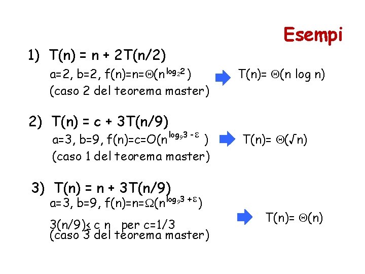 Esempi 1) T(n) = n + 2 T(n/2) a=2, b=2, f(n)=n= (n log 22